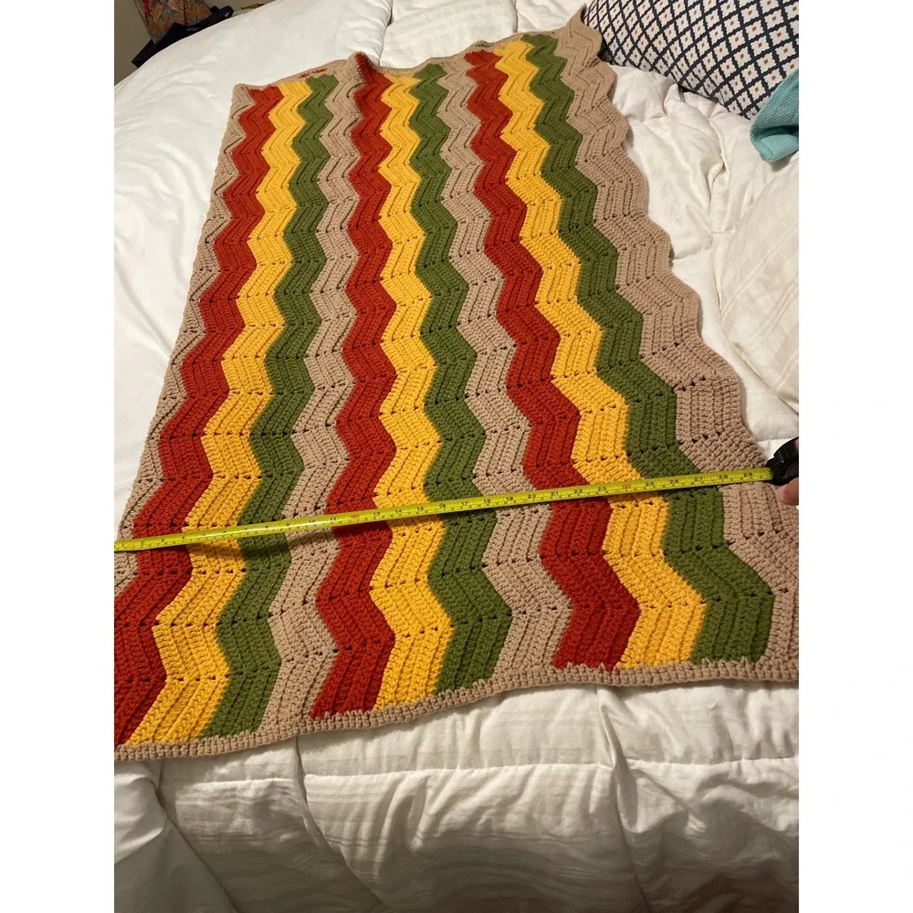Vintage Handmade Crochet Chevron Afghan Blanket Zig Zag Orange Yellow Green Tan